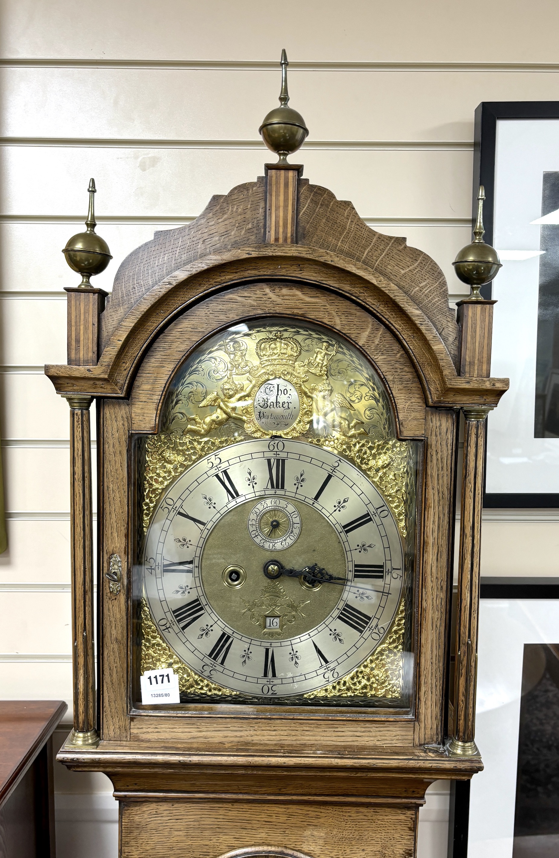 An 18th century and later oak eight day longcase clock, marked Thomas Baker, Portsmouth, height 222cm